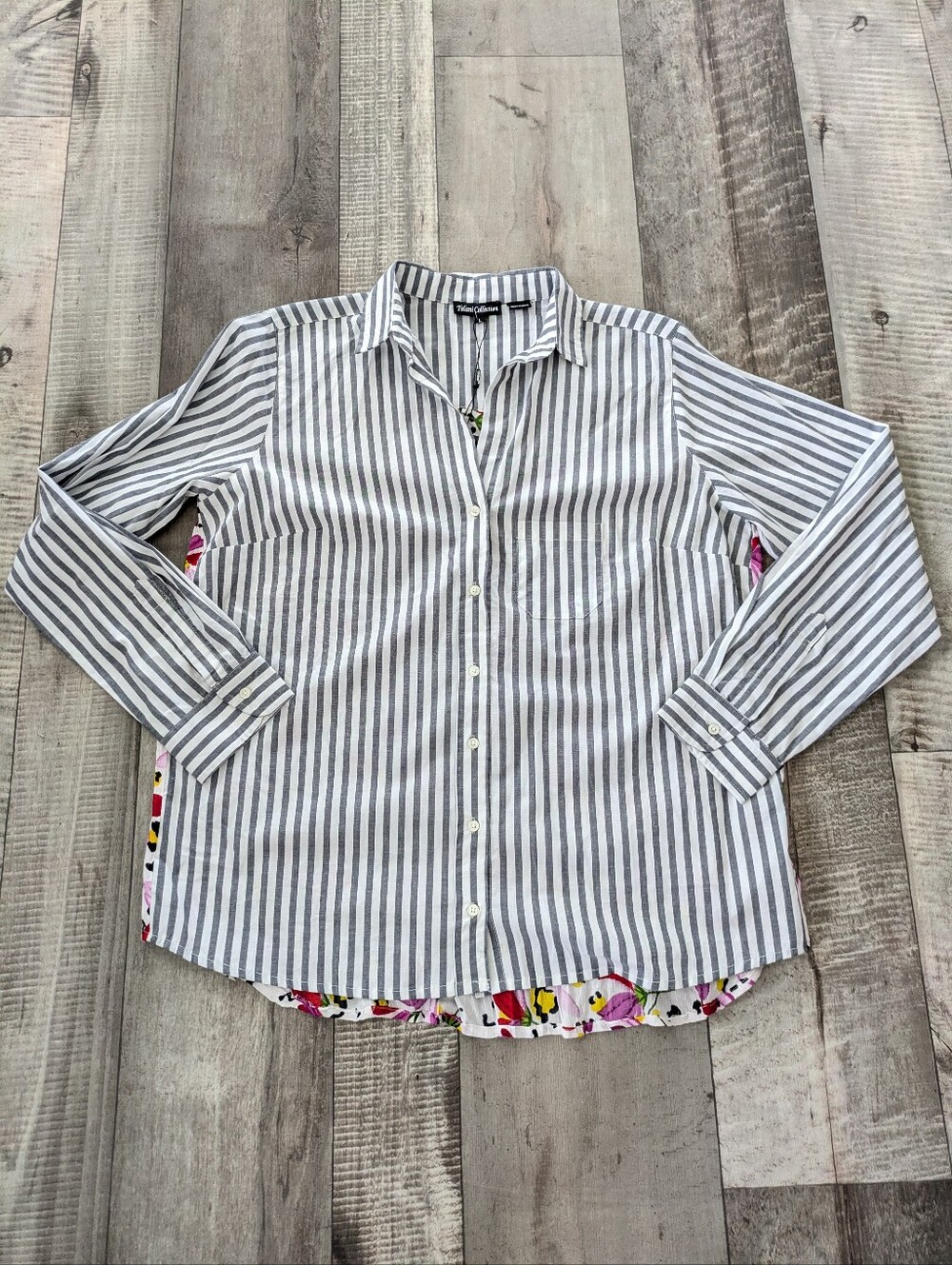 Tolani Collection striped button down blouse floral back Boho Mixed Media NWT L - Picture 4 of 8